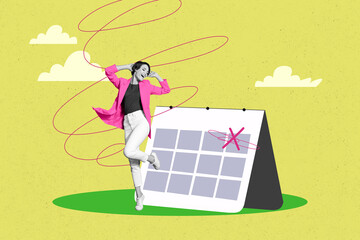 Creative collage picture young woman dance celebrate holiday weekend calendar reminder crossed sign date day drawing background