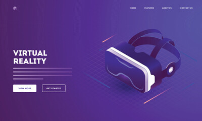 Virtual Reality concept with illustration of VR glasses on purple background. Can be used as website poster or landing page design.