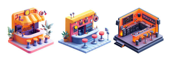 Vibrant isometric cafe and studio scenes with transparent background