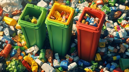 Modern 2D background of eco-friendly recycling bins surrounded by various recyclable waste, hyper-real, high quality, sharp images