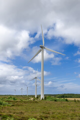 Wind turbines stretch into the horizon under a vast sky and over green fields in Ireland, captured in a vertical frame
