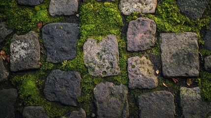 A Close-up of Moss Growing Between Rough Stone Pavers
