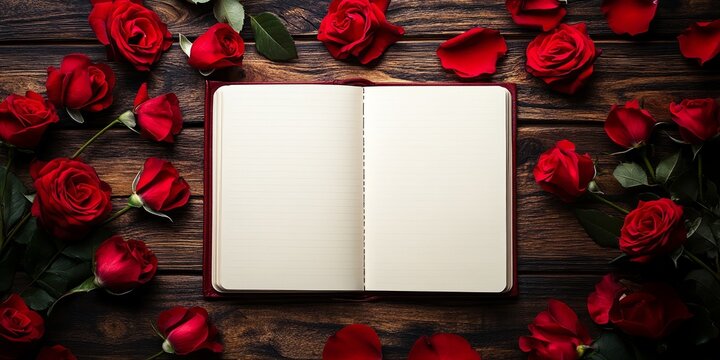 Open notebook with red roses on a wooden surface, expressing romantic and heartfelt notes