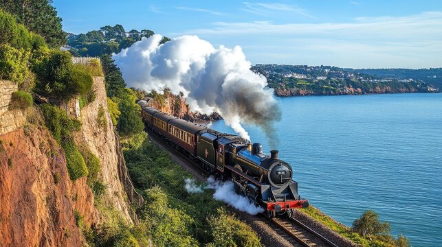 The Torquay coastline is beautifully framed by a passing black and red steam train, evoking the romance of historical railway travel.