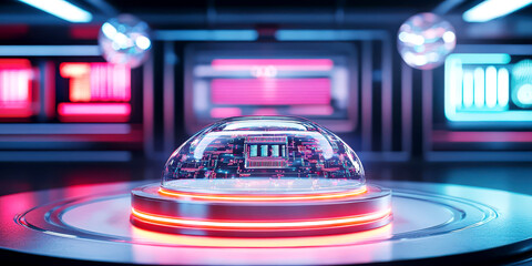 Crystal innovation award with embedded light-up circuits, resting on a sleek metallic base, with holographic floating screens in the background