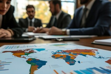 Fototapeta premium Business Leaders Presenting Their Global Market Plans, With Charts And Handouts On A Table