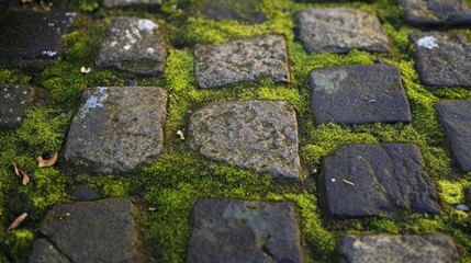 Green Moss Growing Between Grey Stone Pavers