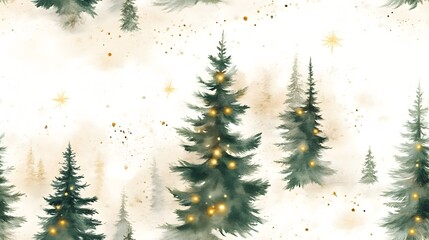 Intricate Watercolor Christmas Tree Pattern with Twinkling Lights on White Background