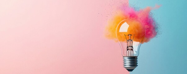 A vibrant light bulb surrounded by colorful powder smoke, symbolizing creativity and innovation in a modern setting.