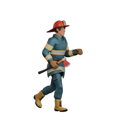 Male Firefighter with Hose. A firefighter is walking with a fire extinguisher in his right hand. 3D Illustration