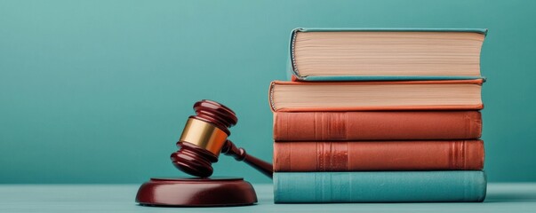 A wooden gavel rests next to a stack of law books, representing justice and legal authority in a professional courtroom setting.