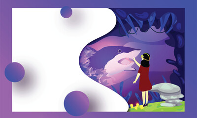 Girl wearing VR glasses, interacting virtual world of aquatic forest. Responsive web template design.