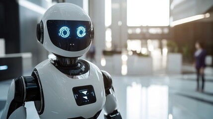 A robot with AI capabilities interacting with humans in a modern tech workspace, showcasing collaboration
