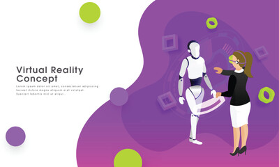 Responsive web template design, girl management data process of a humanoid robot through VR glasses for virtual reality concept.