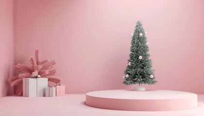 Abstract minimal mock up scene, geometry podium shape for show cosmetic product display, Christmas tree and gift box, Christmas and New Year's studio interior platform