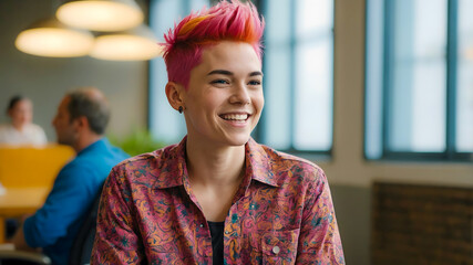 Successful lesbian businesswoman with pink hair, DEIB LGBTQ+ friendly