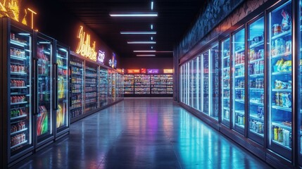 Refrigerators in a grocery store with neon lights
