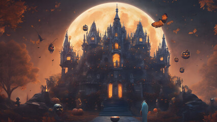 Unique and adorable Halloween concept background, Halloween wallpaper, spooky mansion on Halloween, spooky Halloween house, ai generated