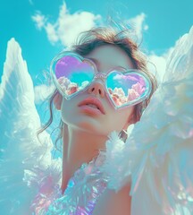 a woman with white wings and heart shaped sunglasses reflecting clouds and sand, is in the blue sky