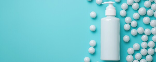 A clean, mint green background featuring a cosmetic bottle next to white spheres, perfect for beauty or skincare themes.