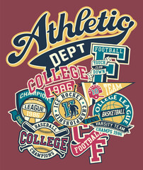 College athletic department patches patchwork vintage vector artwork for boy kid children sport wear shirt sweatshirt bomber jacket print embroidery