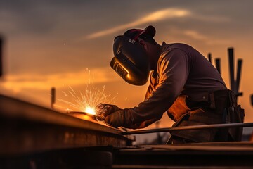 Fototapeta premium Welder at work during sunset in an outdoor construction site creating sparks and art