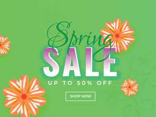 Advertising banner design decorated with daisy flowers and discount offer for Spring Sale.