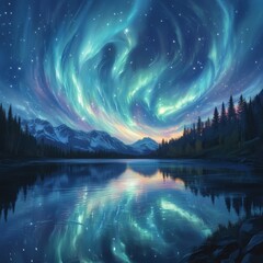 Obraz premium Northern Lights Reflection in Mountain Lake at Night