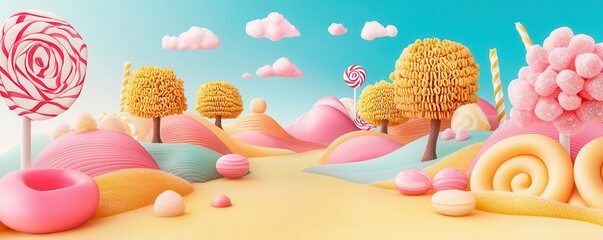 An imaginative worms-eye perspective of a magical world where pasta trees grow alongside candy hills