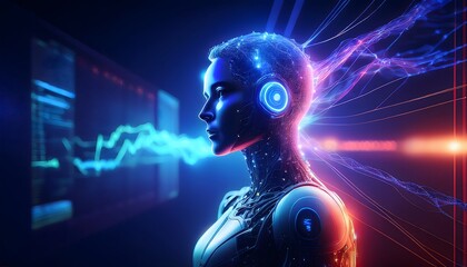 The concept of AI, a robot brain that will replace humans. A 3D rendering of a humanoid robot's face with a brain built from a circuit board with commands from Ai.