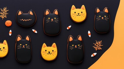Fototapeta premium Black cat shaped cookies, Halloween night, eerie background, flat design illustration