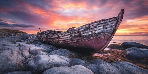 Fototapeta premium Abandoned Shipwreck on Rocky Shore at Dramatic Sunset