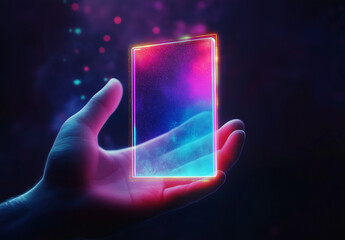 3D illustration of a hand holding a glowing neon, blue and purple