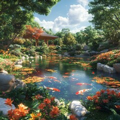 Koi Fish Pond in a Tranquil Garden