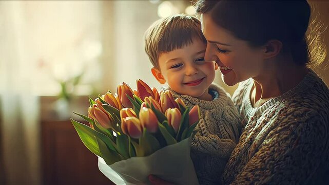 tender son kisses the happy mother and gives her a bouquet of tulips, congratulating her on mother's day
