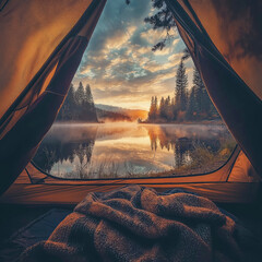 View of the wilderness from a tent. Adventure hiking and camping in the wild nature