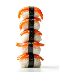 A creative tower composition of flying imbalanced sushi, magazine cover design, white background, high detail on white isolated background