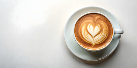 Heartfelt cappuccino in a mug with heart foam art on top view against off-white background, cappuccino, coffee, heart