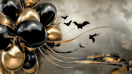 Obraz premium balloons, pumpkins, bats on blank wall background, empty space in the middle, halloween, holiday decor, decorative ornaments, celebration, wallpaper, postcard, interior design, autumn, october 31