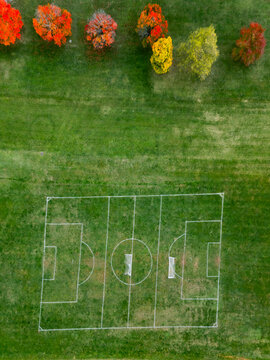Aerial view of a colorful football court surrounded by autumn foliage and trees, Basic City, United States.
