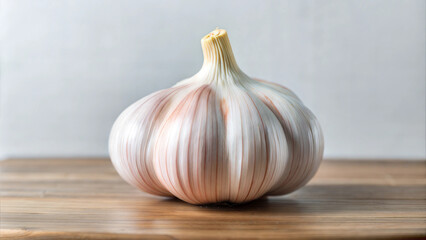 Obraz premium Large garlic bulb on a wooden table with a rustic background
