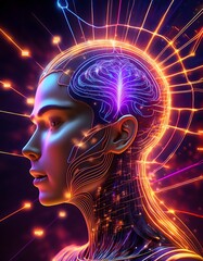 Obraz premium The concept of AI, a robot brain that will replace humans. A 3D rendering of a humanoid robot's face with a brain built from a circuit board with commands from Ai.