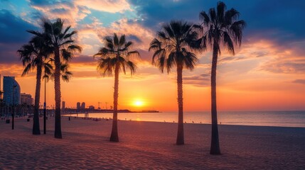 Beach Sunset with Palm Trees Silhouette