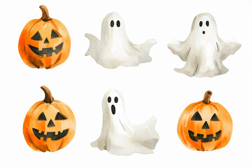 Set of Halloween pumpkins and ghosts. Watercolor effect.