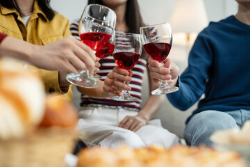 drinks and conversation, social gathering and get together. Young people, group and happiness at fast food pizzeria, celebration at home.