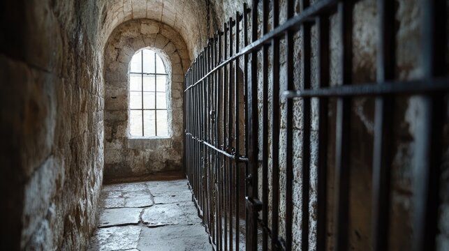 Stone Corridor with Iron Bars and Window