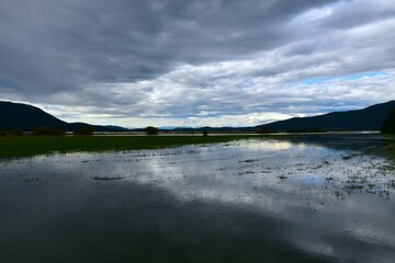 View of lake Cerknica with clouds in the sky in Slovenia