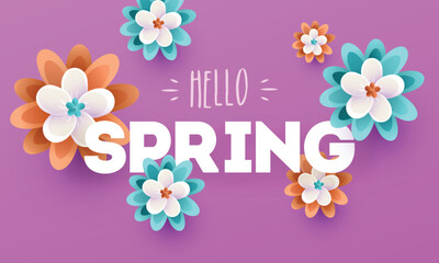 Paper cut flowers decorated on purple background with typography of Hello Spring.