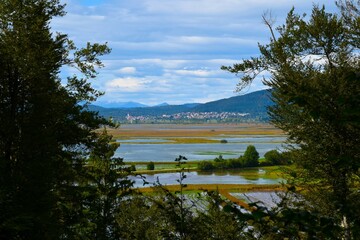 View of Cerknica town and lake Cerknica in Notranjska, Slovenia