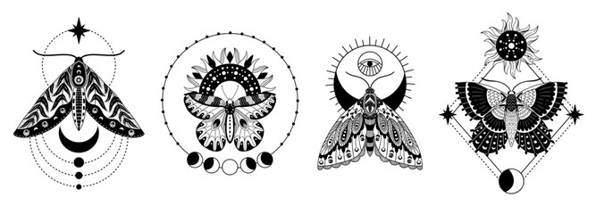 Obraz premium Mystical butterfly astrology concept. Astrological butterfly zodiac sign, magic esoteric tarot and oracle symbol, vintage hand drawn engraving. Vector set.eps